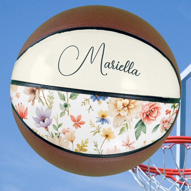 Ballon De Basket Nom élégant floral boho aquarelle script (A fun, floral basketball with personalized name in elegant script typography)