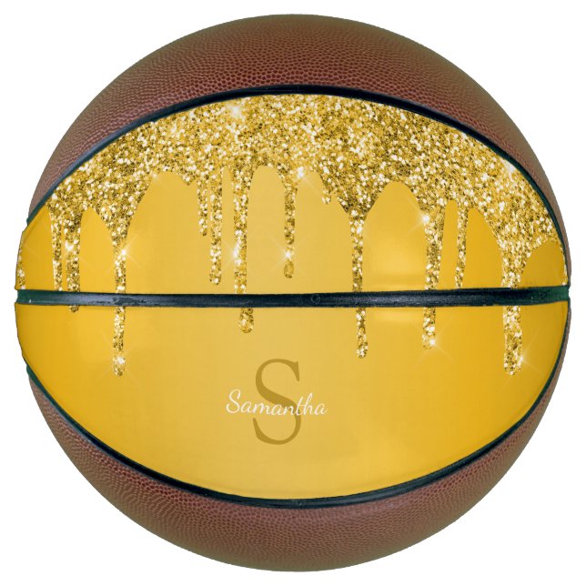 Ballon De Basket Nom Monogramme Paillettes Dorées Chic Gouttes (Devant)