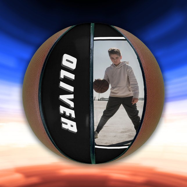 Ballon De Basket Nom noir et blanc moderne Texte Photo Basket (Créateur téléchargé)