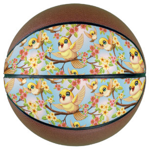 Ballon De Basket Oiseaux mignons et heureux parmi les fleurs du pri