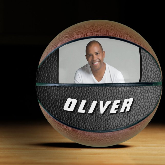 Ballon De Basket Photo avec nom sur fond cuir noir (Créateur téléchargé)
