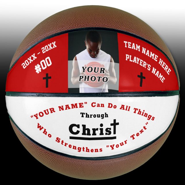 Ballon De Basket Photo et personnalisation Bible Verse Basketball (Christian Basketball, Personalized. Red, White and Black. I can do all things through Christ. B Ball)