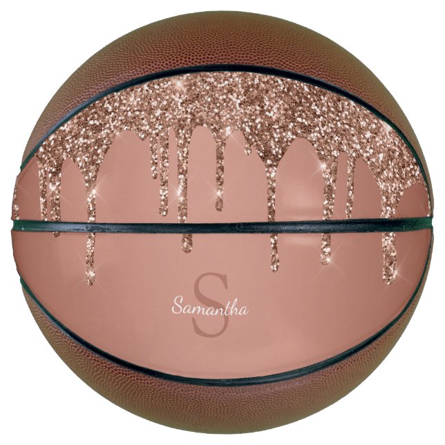 Ballon De Basket Rose Gold Paillettes Étincelle Goutte Monogramme N (Devant)