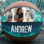 Ballon De Basket Sporty Custom Player Nom et numéro 3 Photo Collage<br><div class="desc">Un sac photo personnalisé unique pour votre joueur de basketball All-Star. Notre design se compose d'un design rustique de style canon avec des textures de grunge bleu blanc et turquoise et des cadres photo. Personnalisez avec trois de vos photos préférées avec le nom et le numéro de maillot du joueur....</div>