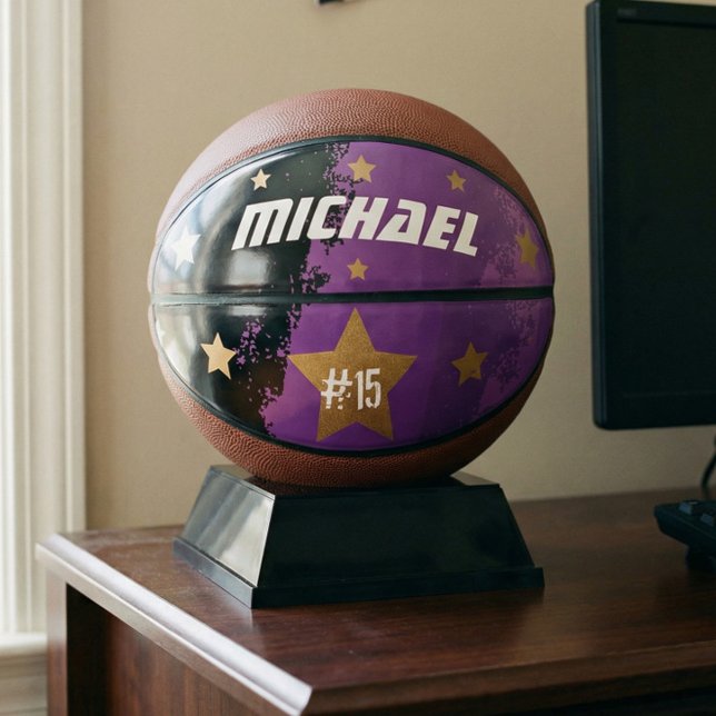 Ballon De Basket Sporty Custom Player Nom et numéro Gold Stars (Sporty Custom Player Name & Number Gold Stars Basketball)
