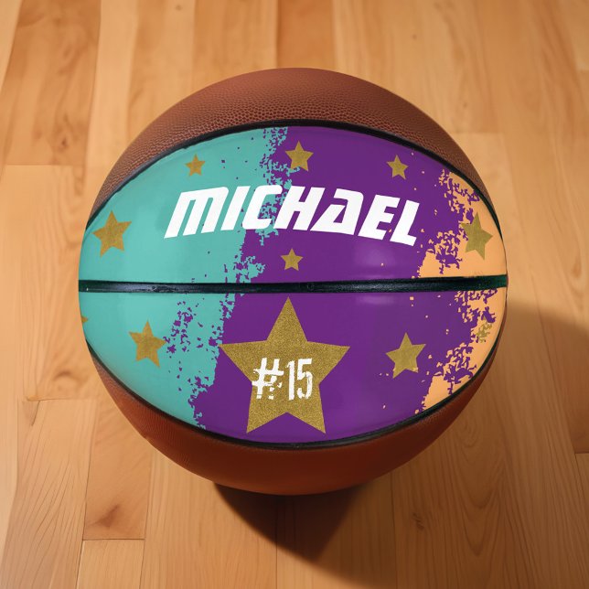 Ballon De Basket Sporty Custom Player Nom et numéro Gold Stars (Sporty Custom Player Name & Number Gold Stars Basketball)