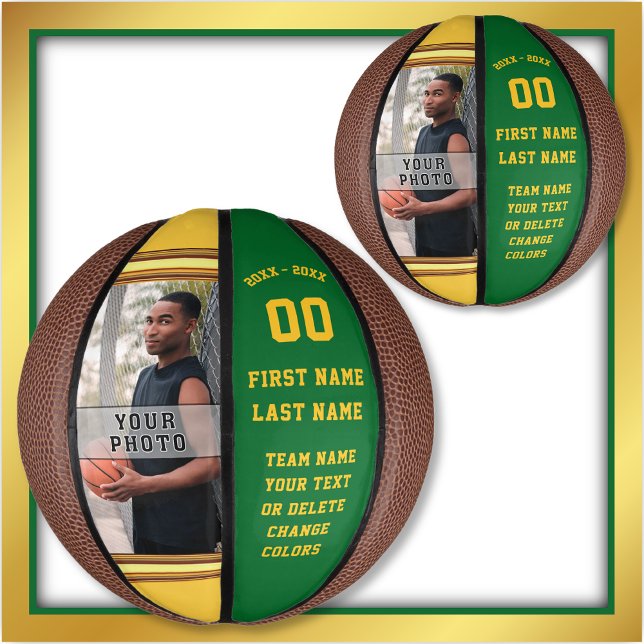 Ballon De Basket Vert et Or, Photo, Mini Basketball Personnalisé, (Senior night gift ideas for basketball. Green and Gold Basketball. Gifts for basketball players.)