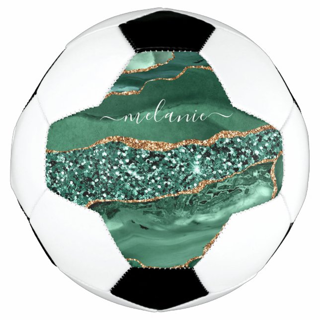 Ballon De Foot Agate Green Gold Parties scintillant Geode Marbre  (Devant)