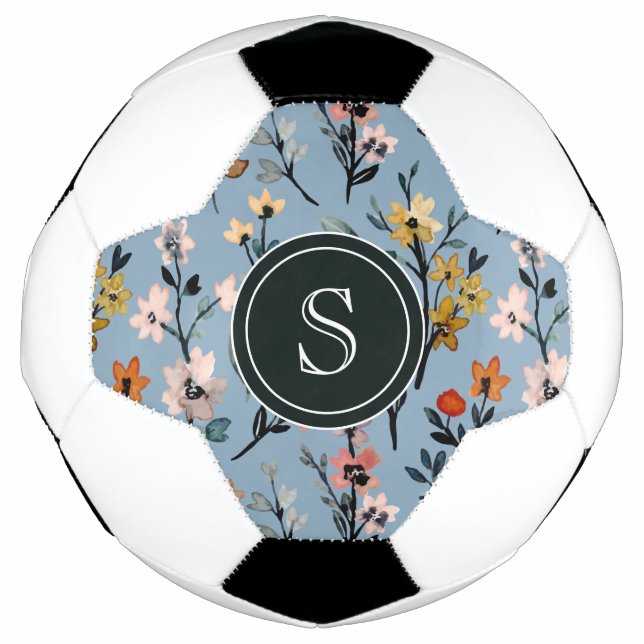 Ballon De Foot Aquarelle Bleue Bohème Floral Monogramme (Devant)