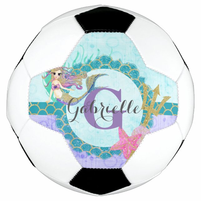 Ballon De Foot Aquarelle mignonne de sirène Monogramme Turquoise  (Devant)