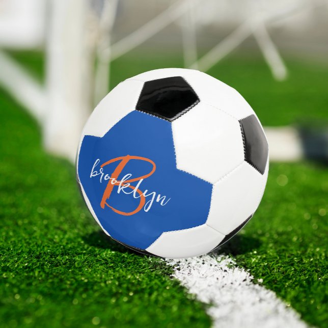 Ballon De Foot Bleu Cobalt Orange Blanc Monogramme Nom en écritur (Créateur téléchargé)