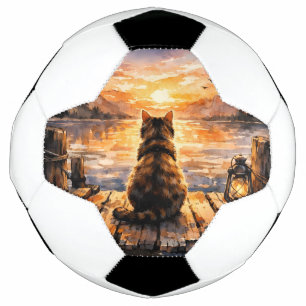 Ballon De Foot Chat sur le quai au coucher du soleil