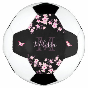 Ballon De Foot Cherry Blossom Black Pink Votre Nom Monogramme
