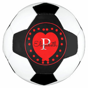 Ballon De Foot Chic noir blanc initial Monogramme rouge Coeur