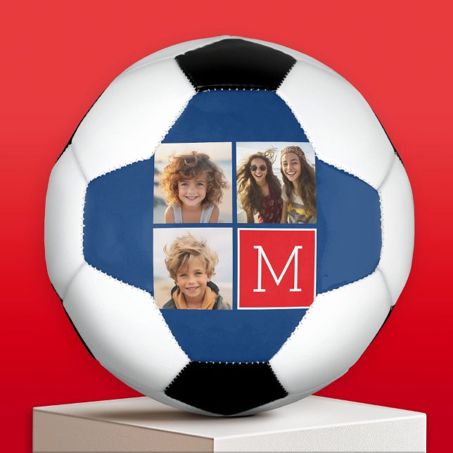 Ballon De Foot Collage photo bleu et rouge avec Monogramme (Custom Soccer Ball)