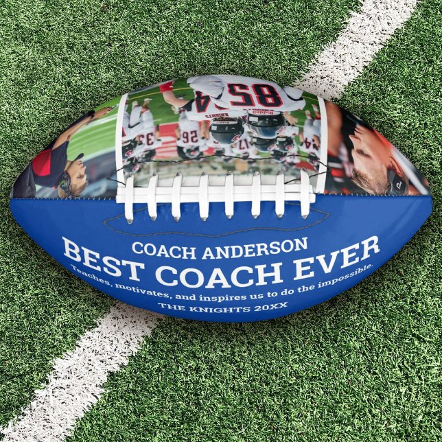 Ballon De Foot Custom Blue Team Meilleur Entraîneur Ever Photo Co (Personalize this football as a keepsake gift for your favorite coach.)