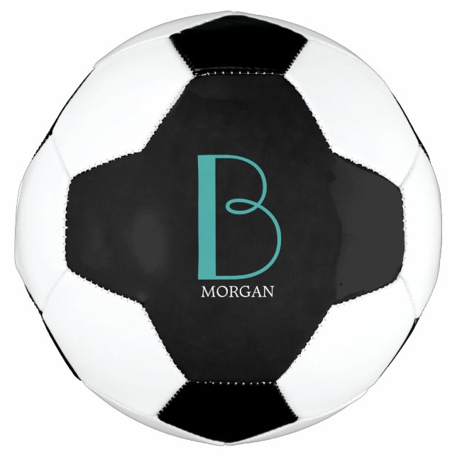 Ballon De Foot DIY Large Monogram & Name, Teal/White Text, Black (Devant)