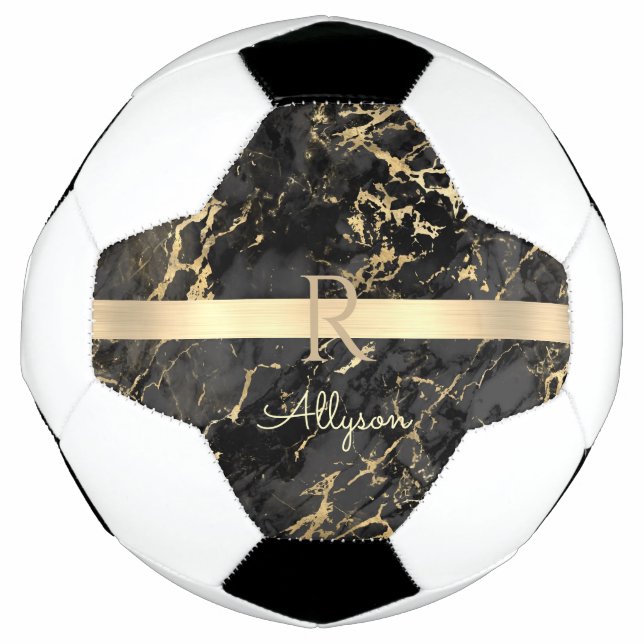 Ballon De Foot do-it-yourself Nom & Monogramme, Barre Or, Marbre  (Devant)
