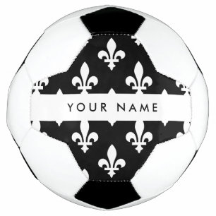 Ballon De Foot Fleur de Lis, Blanc sur Noir, Blanc, Votre Nom
