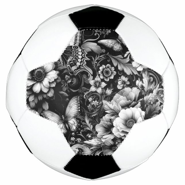 Ballon De Foot Fleurs Antiques Monochromes avec Papillons (Devant)
