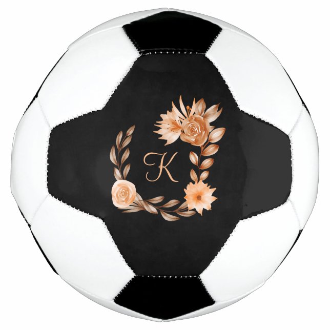 Ballon De Foot Fleurs noir marron et pêche avec monogramme (Devant)
