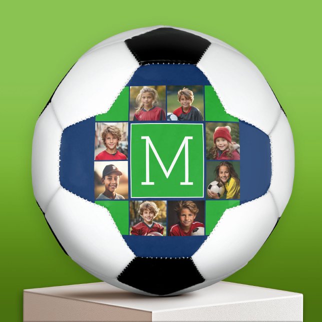 Ballon De Foot Instagram Photo Collage Monogrammes - Green Navy (Custom Soccer Ball)
