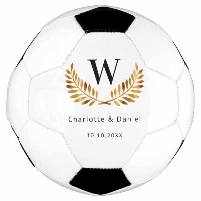 Ballon De Foot Mariage monogramme de laurier blanc noir or  (Devant)