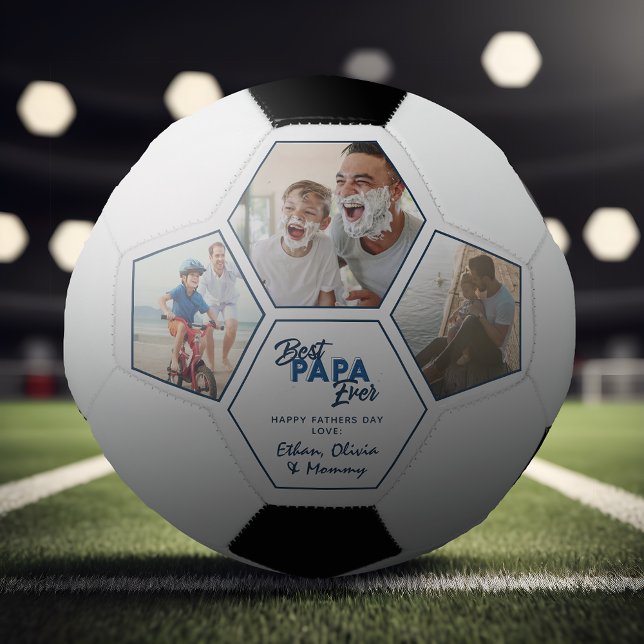 Ballon De Foot Moderne 3 Photo Collage Best Papa Ever (Easily personalize this Best Daddy Ever Soccer ball with your photos and text for a unique gift)