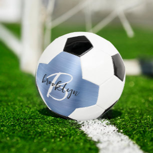 Ballon De Foot Monogramme de métal brossé bleu écriture noire et