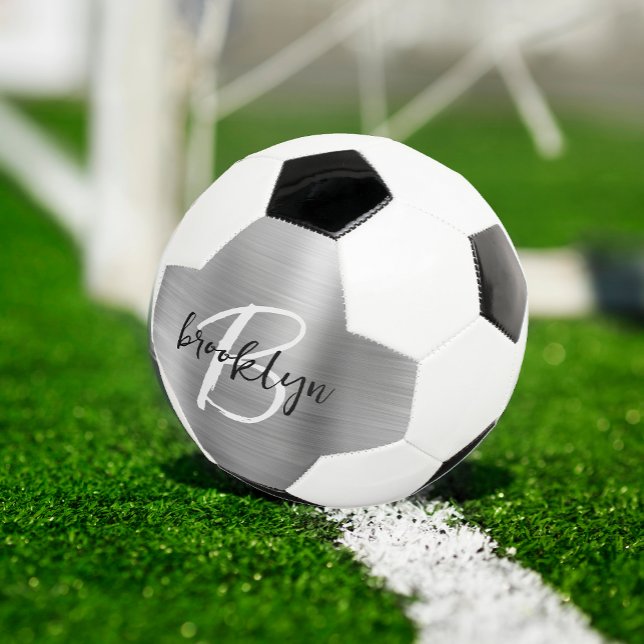 Ballon De Foot Monogramme écriture noir et blanc Métal brossé arg (Créateur téléchargé)