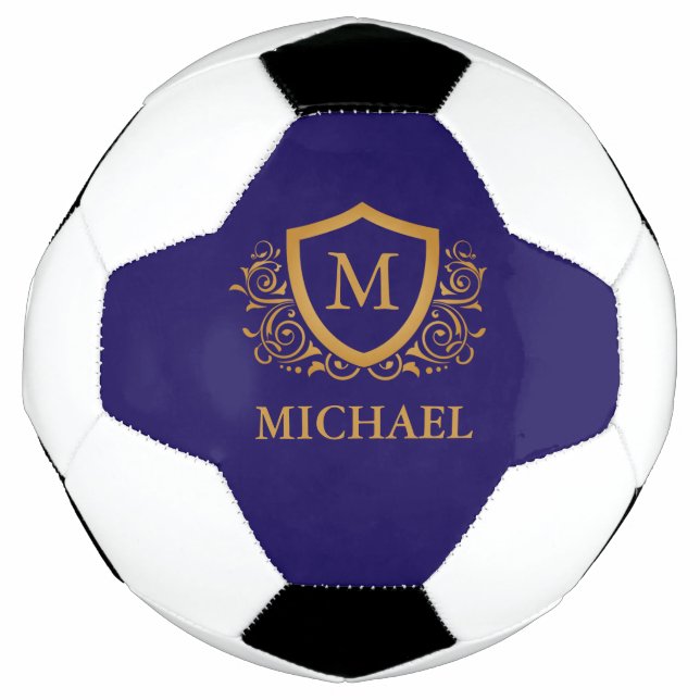 Ballon De Foot Nom du monogramme personnalisé bleu et or de la ma (Devant)