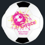 Ballon De Foot Nom personnalisé soccer but de grève filles rose<br><div class="desc">Football jaune et rose / balle de football splatting dans le filet customisé de la balle de nom. Parfait pour inspirer les jeunes footballeurs et footballeurs féminins à le maintenir. Personnalisez avec votre propre nom et message d'encouragement. Lit actuellement Grace Super Striker Gardez-le debout. Design unique par Sarah Trett.</div>