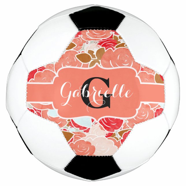 Ballon De Foot Peach & Gold Aquarelle Rose Monogramme Floral (Devant)