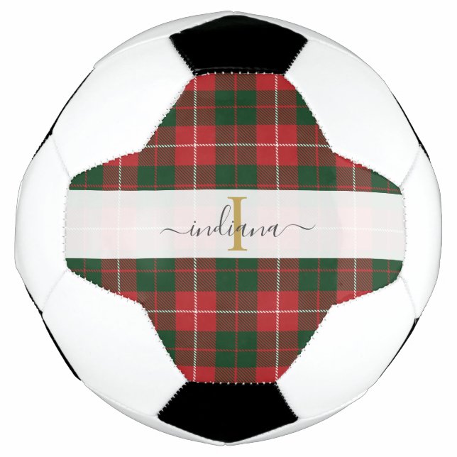 Ballon De Foot Plaid Monogramme Nom Carreaux Rouge Vert Tartan (Devant)