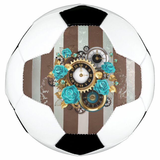 Ballon De Foot Steampunk Clock and Turquoise Roses on Striped (Devant)