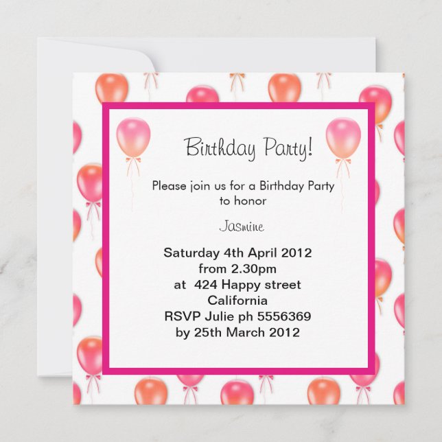 ballon rose orange ANNIVERSAIRE INVITATION (Devant)