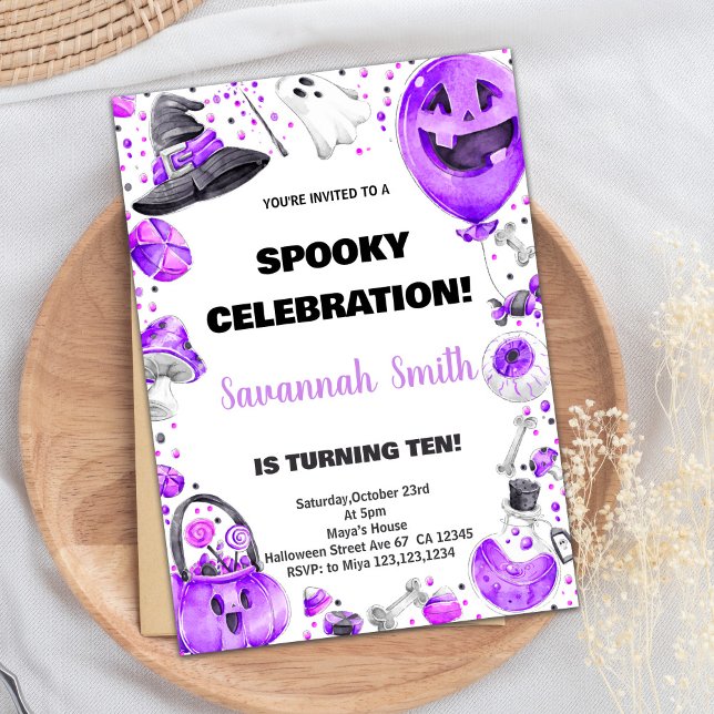 Ballon violet Halloween Invitations d'anniversaire (Purple Ballon Halloween Birthday Invitations)