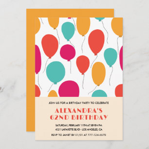 Ballons 62e anniversaire invitations Colorful