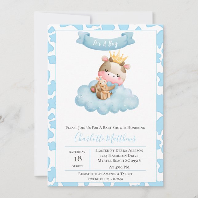 Ballons à nuages de vache mignonne Invitation Baby (Devant)