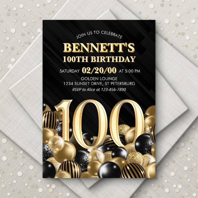 Ballons Black Gold 100th Birthday Invitation (Créateur téléchargé)