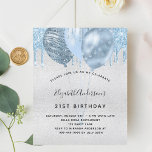 Ballons bleu argent d'anniversaire budgétaire<br><div class="desc">Pour un 21ème anniversaire élégant (ou tout âge). Un arrière - plan métallique à l'aspect faux argenté. Décoré avec des gouttes de parties scintillant bleu clair, la peinture goutte à goutte et les ballons bleus. Personnalisez et ajoutez un nom, 21 ans et les détails de la fête. Le nom est...</div>