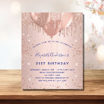 Ballons bleu marine rose budget<br><div class="desc">Pour un 21ème anniversaire élégant (ou tout âge). Un arrière - plan rose à l'apparence métallique. Décoré d'or rose, de gouttes de parties scintillant rose, de la peinture goutte à goutte et des ballons. Personnalisez et ajoutez un nom, 21 ans et les détails de la fête. Le nom est écrit...</div>