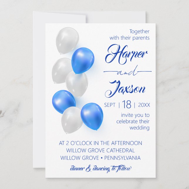Ballons Bleus. Elégante invitation de mariage. (Devant)