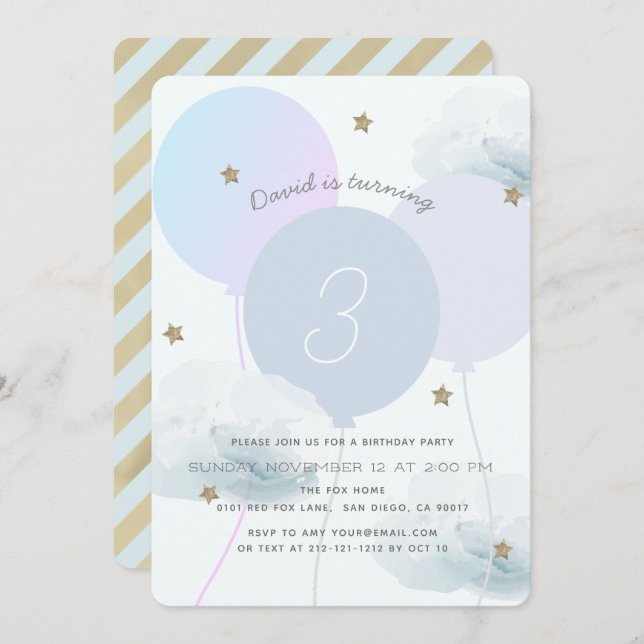 Ballons Bleus & Nuages Invitation de fête d'annive (Devant / Derrière)