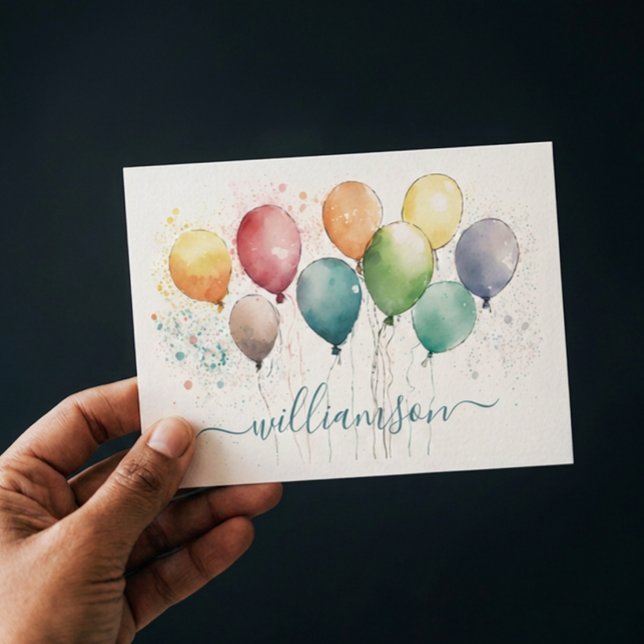 Ballons Colorés Amusants avec Nom de Famille (Personalized note card with festive balloons
)
