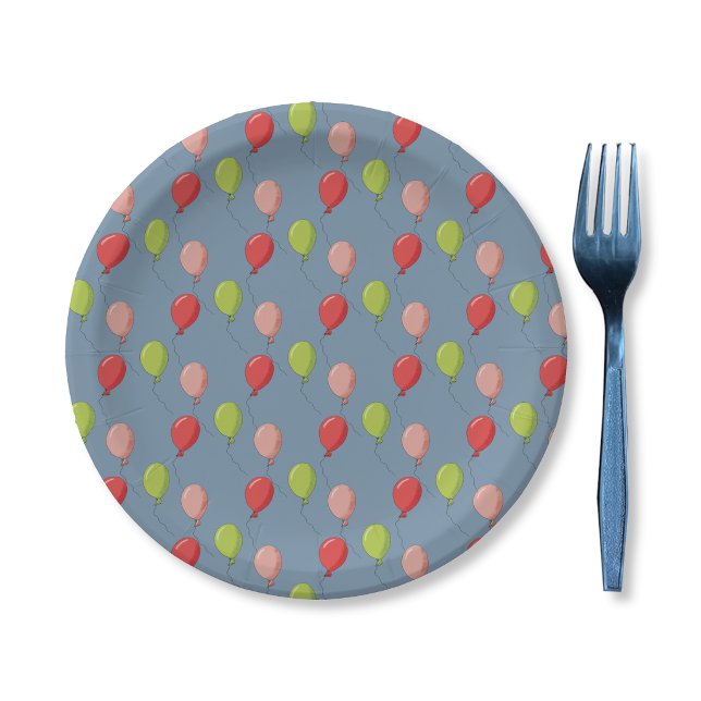 Ballons d'anniversaire Assiette en papier bleu cla (Birthday balloons pattern light blue round paper plate .)