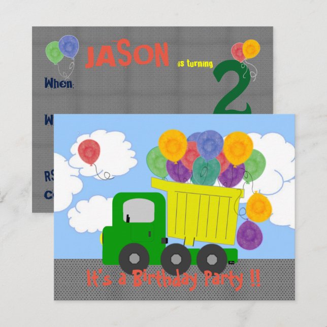 Ballons de camion de vidange Invitation d'annivers (Devant / Derrière)