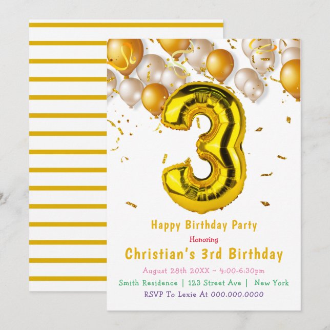 Ballons d'or 3e anniversaire Invitations (Devant / Derrière)