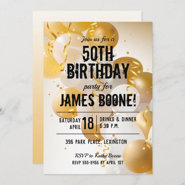 Ballons d'or blanc Invitations de fête d'anniversa (Devant / Derrière)