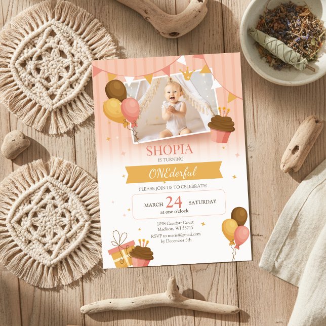 Ballons d'or rose 1er anniversaire Invitation phot (Créateur téléchargé)